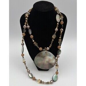 Chico’s Long Beaded Necklace Mother of Pearl Pendant Brown Gold Tone